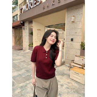 Áo len ngắn tay mùa hè màu đỏ đô sang trọng phối cúc cổ bẻ thanh lịch len lông thỏ cao cấp PL31 DELIZ 300G