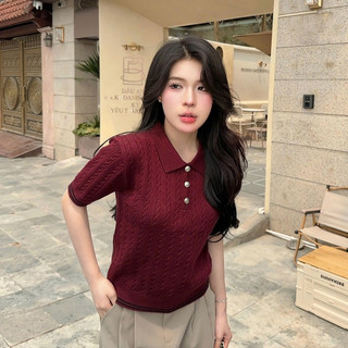 Áo len ngắn tay mùa hè màu đỏ đô sang trọng phối cúc cổ bẻ thanh lịch len lông thỏ cao cấp PL31 DELIZ 300G
