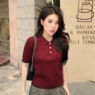 Áo len ngắn tay mùa hè màu đỏ đô sang trọng phối cúc cổ bẻ thanh lịch len lông thỏ cao cấp PL31 DELIZ 300G