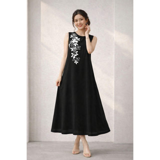 SWANLAKE | Váy Đầm Nữ Maxi Phom Suông Sát Nách Cổ Tròn Vải Tơ Hai Lớp Thêu Hoa Thanh Lịch D13453