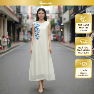 SWANLAKE | Váy Đầm Nữ Maxi Phom Suông Sát Nách Cổ Tròn Vải Tơ Hai Lớp Thêu Hoa Thanh Lịch D13453