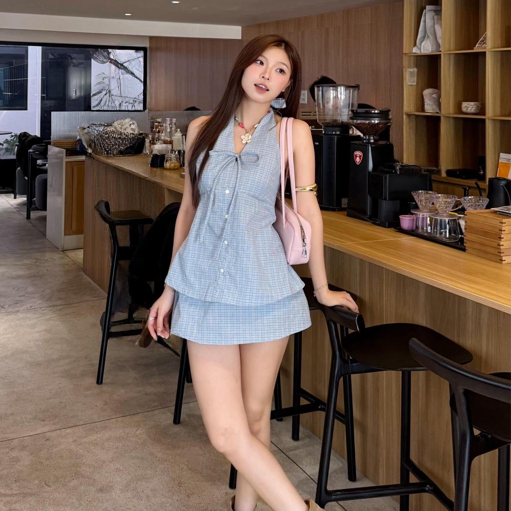 (HAVANA) Set áo yếm caro NELLY phối dây buộc kèm chân váy SAT434