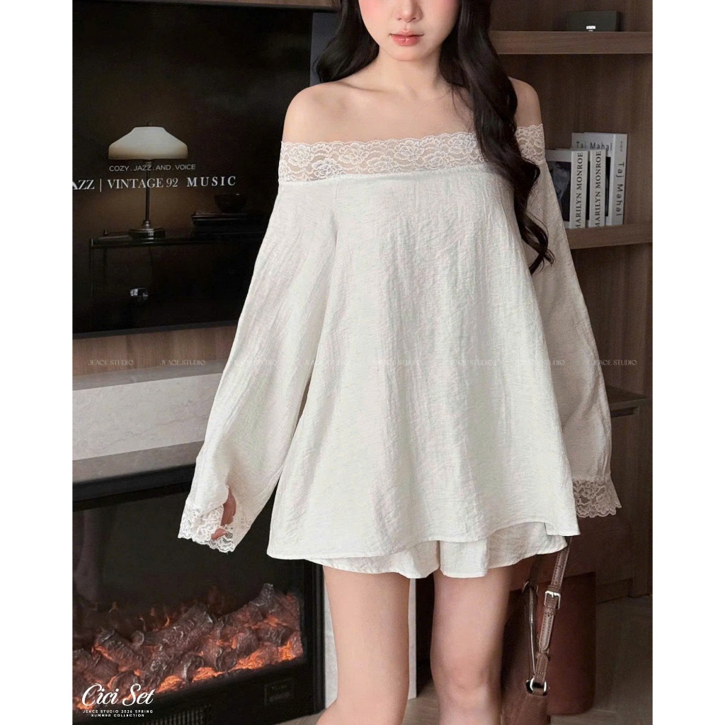 [7.7 MÃ LIVE GIẢM 20%] Set Áo Trễ Vai Mix Quần Short Phối Ren Chất Liệu Đũi Hàn Mềm Mịn Điệu Đà Tiểu Thư Sang Chảnh