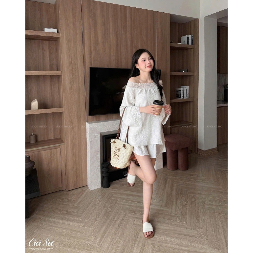 [7.7 MÃ LIVE GIẢM 20%] Set Áo Trễ Vai Mix Quần Short Phối Ren Chất Liệu Đũi Hàn Mềm Mịn Điệu Đà Tiểu Thư Sang Chảnh