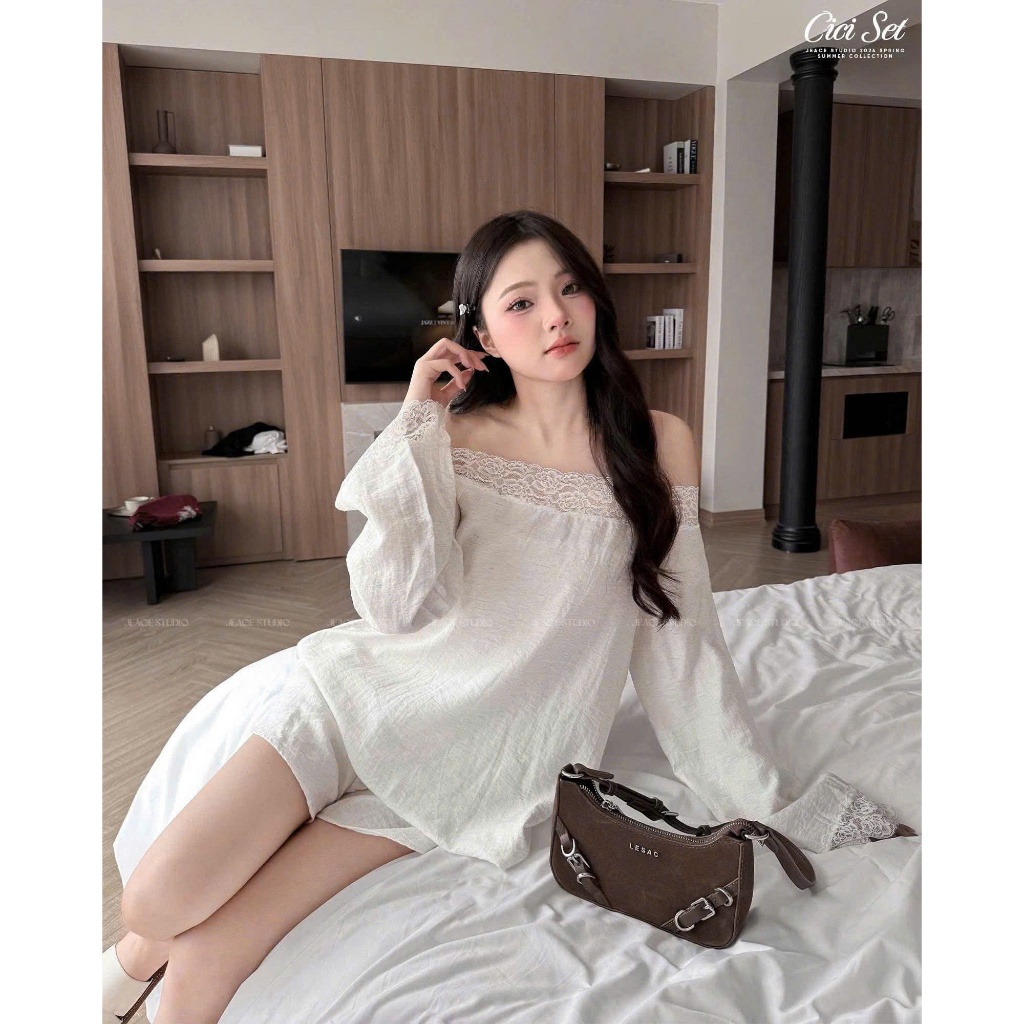 [7.7 MÃ LIVE GIẢM 20%] Set Áo Trễ Vai Mix Quần Short Phối Ren Chất Liệu Đũi Hàn Mềm Mịn Điệu Đà Tiểu Thư Sang Chảnh