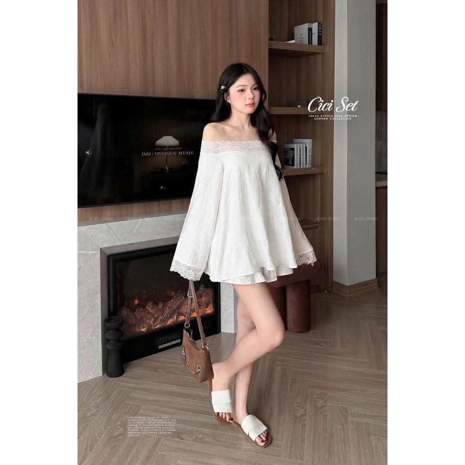 [7.7 MÃ LIVE GIẢM 20%] Set Áo Trễ Vai Mix Quần Short Phối Ren Chất Liệu Đũi Hàn Mềm Mịn Điệu Đà Tiểu Thư Sang Chảnh