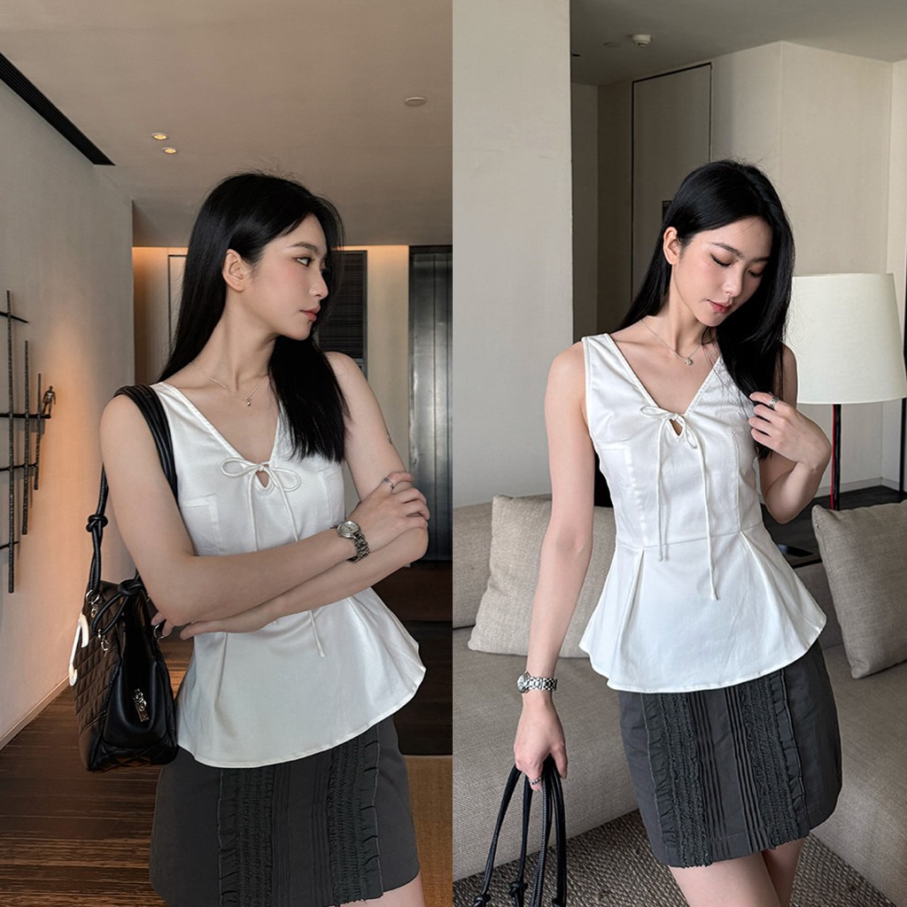 Áo Sát Nách Cổ V Thắt Nơ Bản Nhỏ, Áo Sát Nách Dáng Xèo Phong Cách Tiểu Thư (B523)