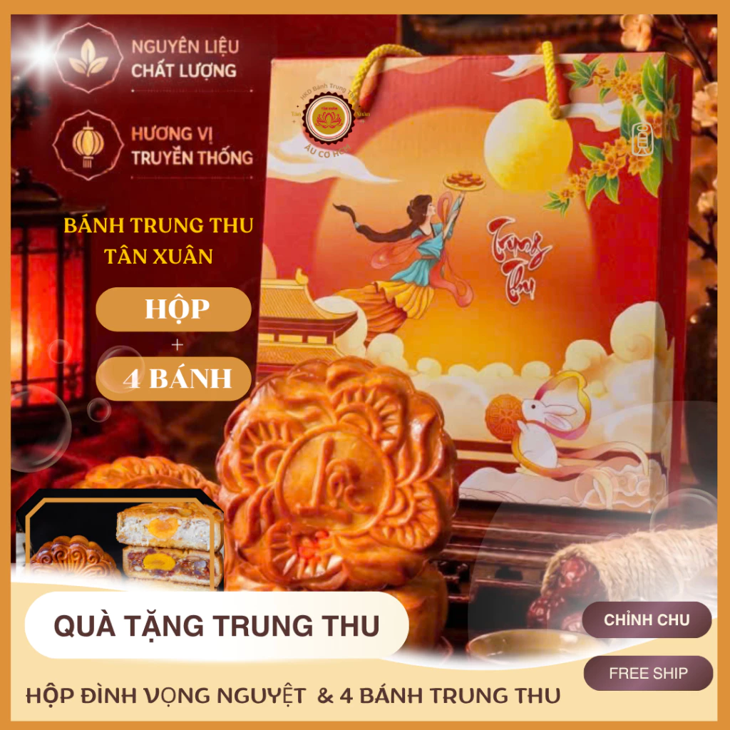 Hộp Bình Dân kèm 4 bánh trung thu Tân Xuân loại 200g 1trứng