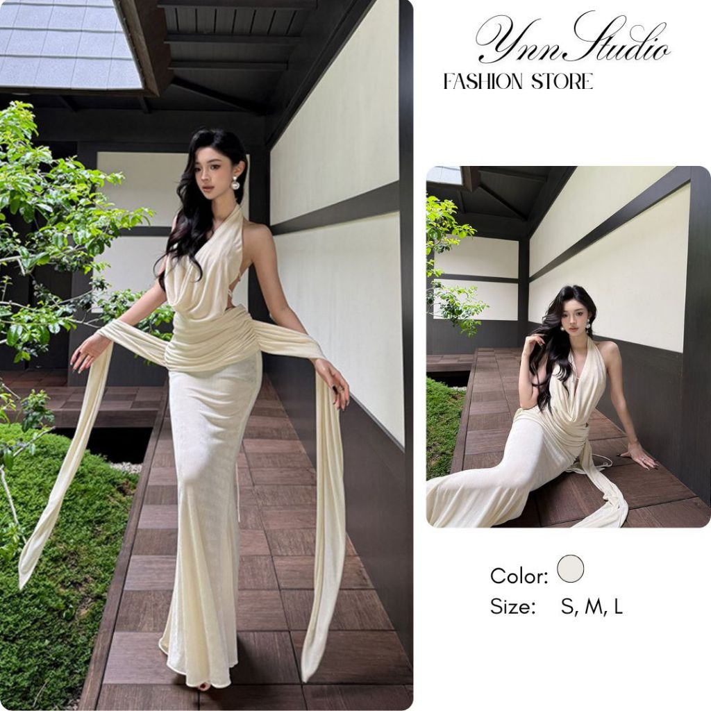 Đầm dạ hội cổ yếm hở lưng chất liệu ánh nhũ cao cấp