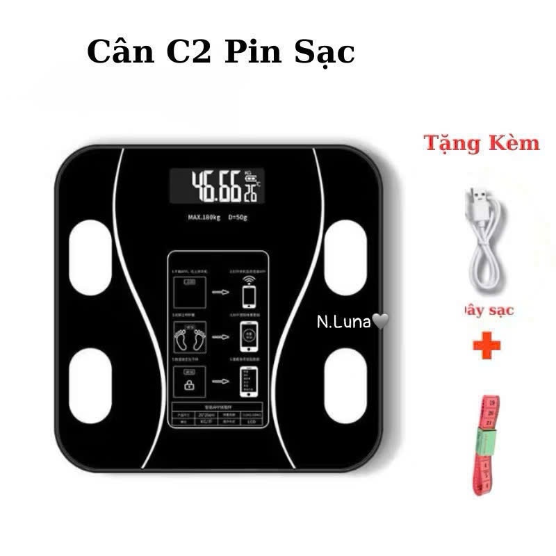Cân Sức Khỏe Thông Minh C2 – 15 Chỉ Số Cơ Thể, Sạc Pin USB, Kết Nối App, Kính Cường Lực 5mm, 180kg