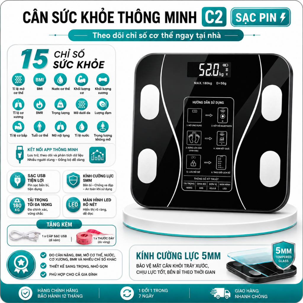 Cân Sức Khỏe Thông Minh C2 – 15 Chỉ Số Cơ Thể, Sạc Pin USB, Kết Nối App, Kính Cường Lực 5mm, 180kg