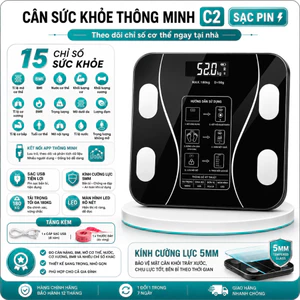 Cân Sức Khỏe Thông Minh C2 – 15 Chỉ Số Cơ Thể, Sạc Pin USB, Kết Nối App, Kính Cường Lực 5mm, 180kg
