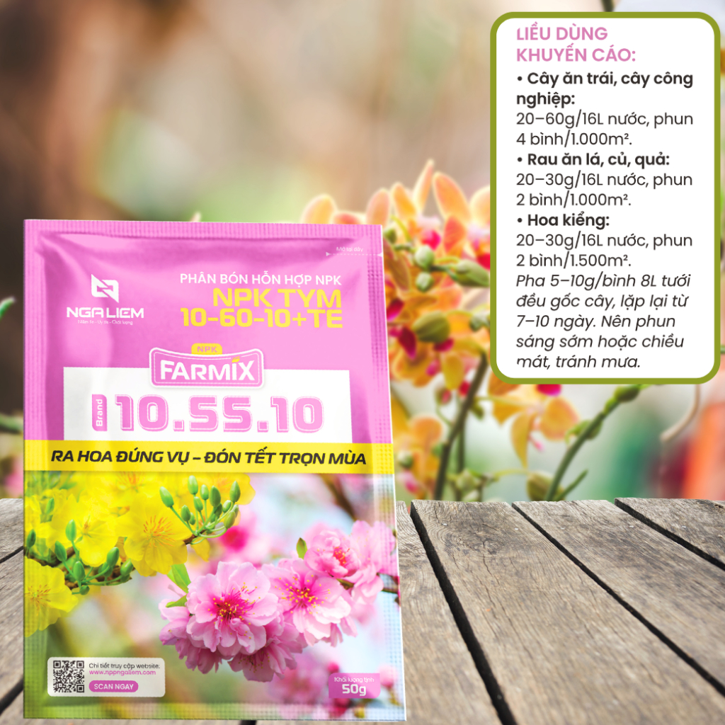 🌸 NPK 10-55-10+TE Farmix 50gram – Kích Hoa Nhanh, Nở Đồng Loạt, Đậu Trái Tốt
