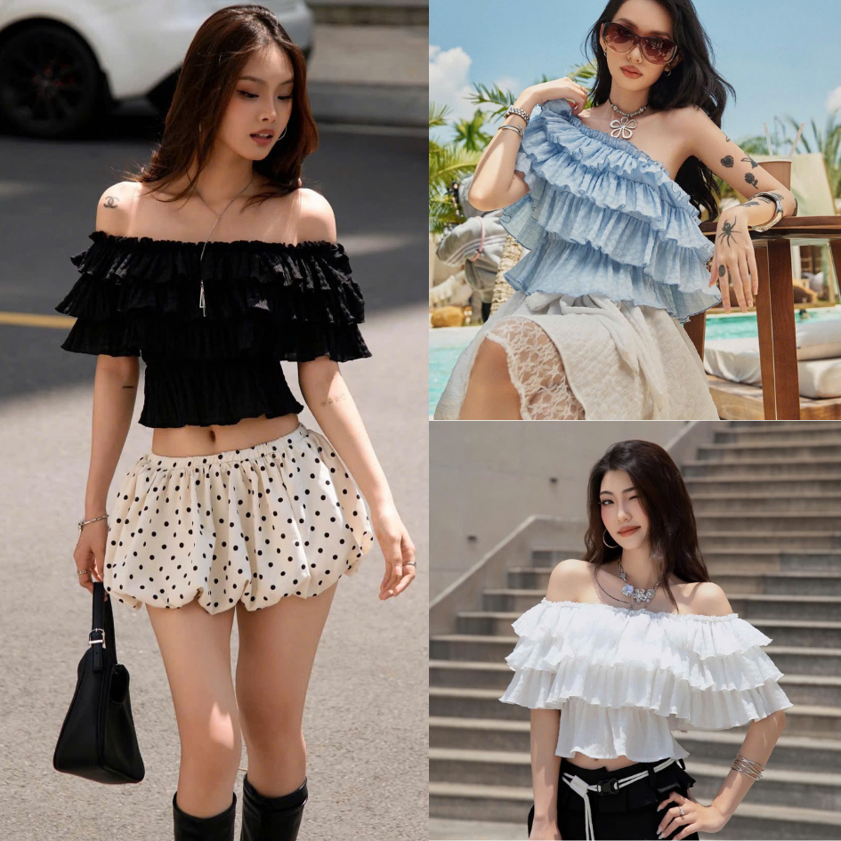 Áo trễ vai bèo tầng xốp nhún 3 tầng chun eo xinh xắn LABEL A142