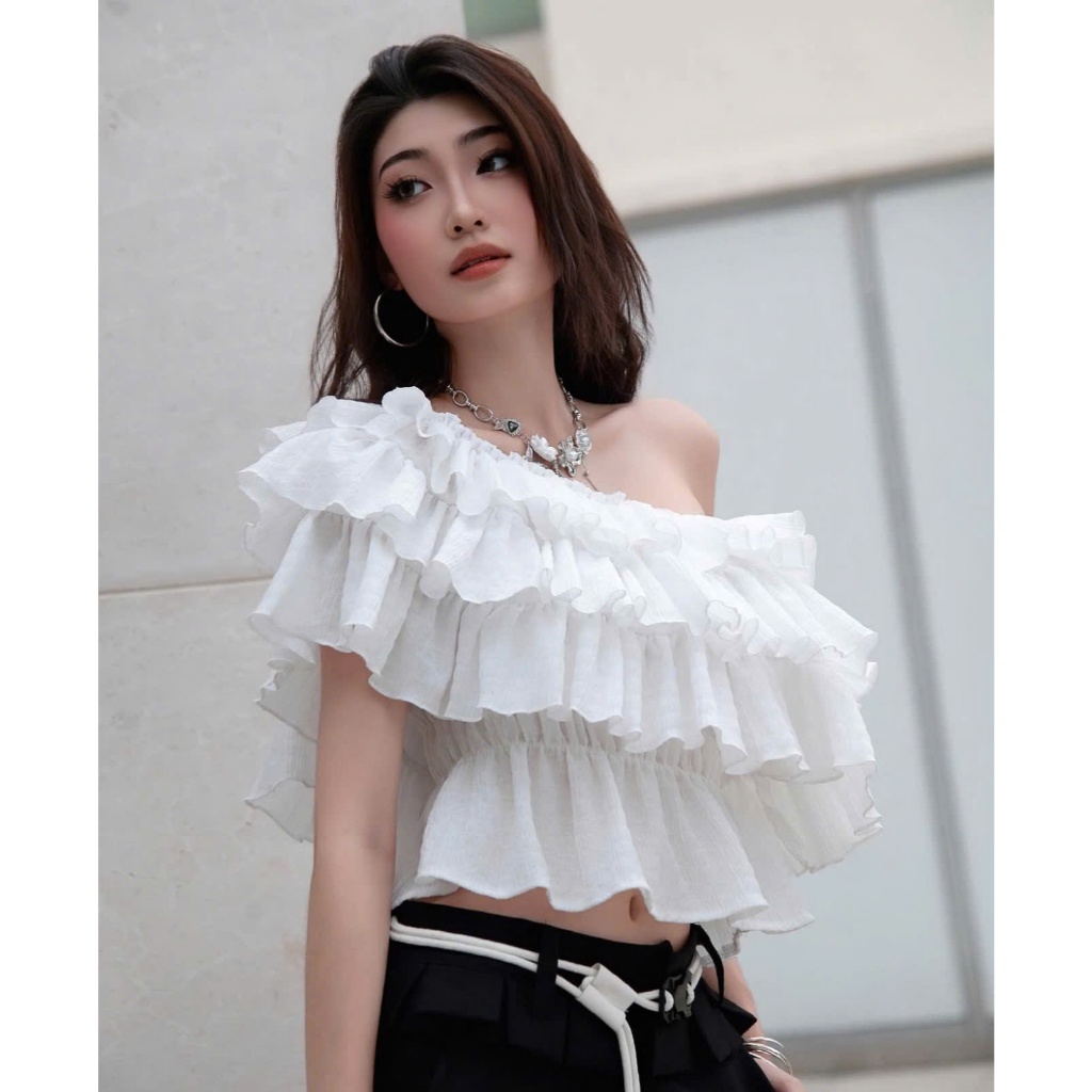 Áo trễ vai bèo tầng xốp nhún 3 tầng chun eo xinh xắn LABEL A142