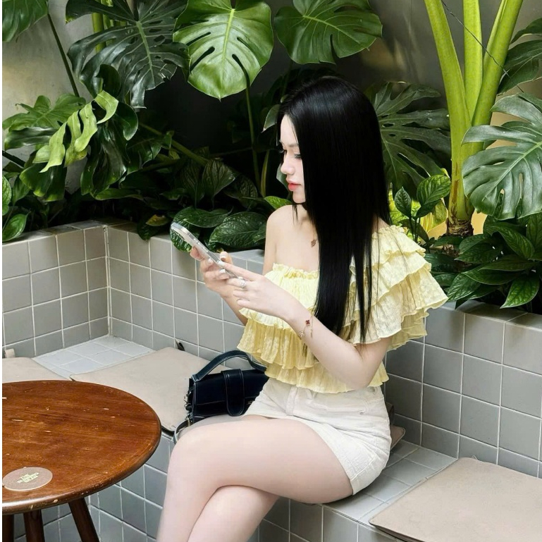 Áo trễ vai bèo tầng xốp nhún 3 tầng chun eo xinh xắn LABEL A142