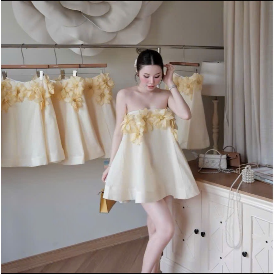 Áo Quây Cúp Ngực Đính Hoa Vàng 3D Dáng Xòe, Đầm Mini Tiểu Thư Hot Trend Hè - CHAMIE STUDIO