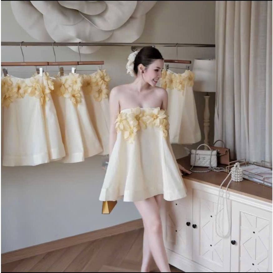 Áo Quây Cúp Ngực Đính Hoa Vàng 3D Dáng Xòe, Đầm Mini Tiểu Thư Hot Trend Hè - CHAMIE STUDIO