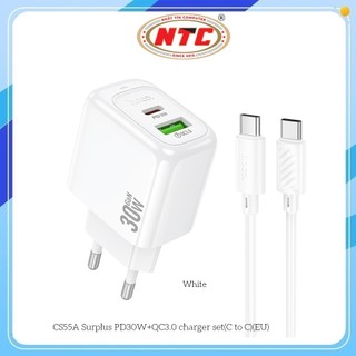 Bộ sạc nhanh 2 cổng Hoco CS55A kèm cáp Type-C to TypeC PD 30W, chân tròn EU (Trắng)