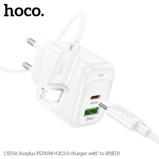 Bộ sạc nhanh 2 cổng Hoco CS55A kèm cáp Type-C to LaiNing PD 30W, chân tròn EU (Trắng) - Phụ Kiện Nhất Tín