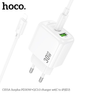 Bộ sạc nhanh 2 cổng Hoco CS55A kèm cáp Type-C to LaiNing PD 30W, chân tròn EU (Trắng) - Phụ Kiện Nhất Tín