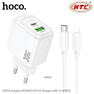 Bộ sạc nhanh 2 cổng Hoco CS55A kèm cáp Type-C to LaiNing PD 30W, chân tròn EU (Trắng) - Phụ Kiện Nhất Tín