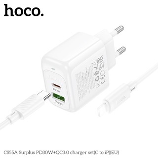 Bộ sạc nhanh 2 cổng Hoco CS55A kèm cáp Type-C to LaiNing PD 30W, chân tròn EU (Trắng) - Phụ Kiện Nhất Tín