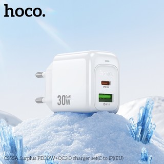 Bộ sạc nhanh 2 cổng Hoco CS55A kèm cáp Type-C to LaiNing PD 30W, chân tròn EU (Trắng) - Phụ Kiện Nhất Tín