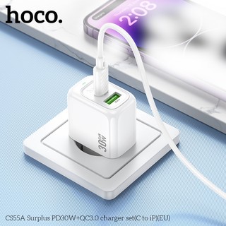 Bộ sạc nhanh 2 cổng Hoco CS55A kèm cáp Type-C to LaiNing PD 30W, chân tròn EU (Trắng) - Phụ Kiện Nhất Tín