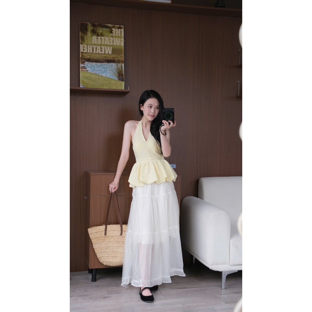 Chân váy voan tơ nhăn dáng dài (có lớp lót trong) Nữ the.sweaterweather TSW