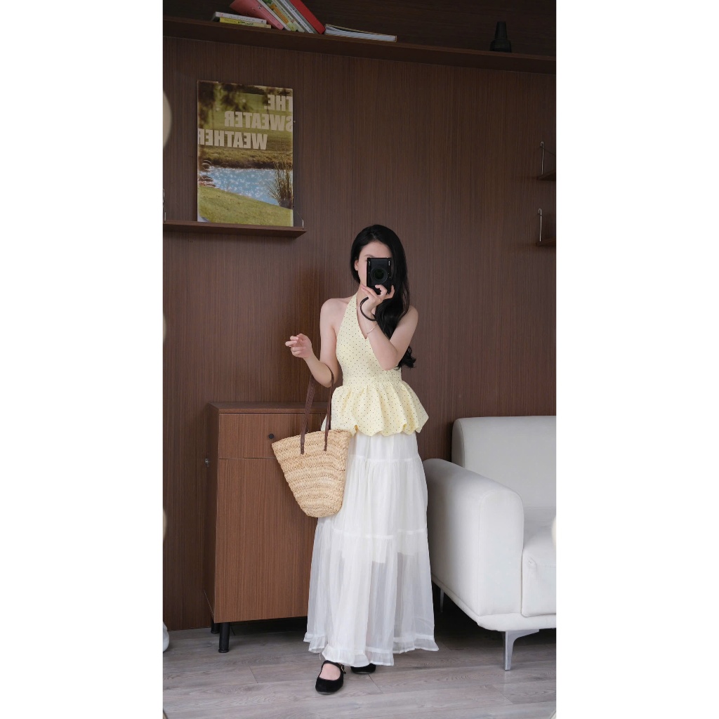 Chân váy voan tơ nhăn dáng dài (có lớp lót trong) Nữ the.sweaterweather TSW