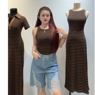 CB Bộ 3 : Váy Polo Trụ Kẻ + Váy Body Ba Lỗ Kẻ  + Áo Ba Lỗ Kẻ