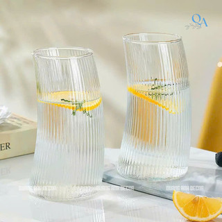 Bộ 6 LY THỦY TINH SỌC CONG CAO, THẤP | Chất Liệu Đẹp, Dày Dặn, Họa Tiết Gân Sọc Vintage Decor