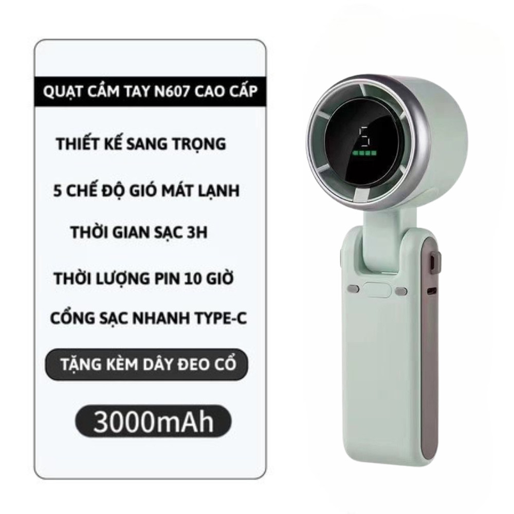 Quạt cầm tayN607 pin 1200 mah sử dụng 2-4h  5  cấp gió TuBor thiết kế gấp gọn thuận tiện bỏ túi HOT 2026