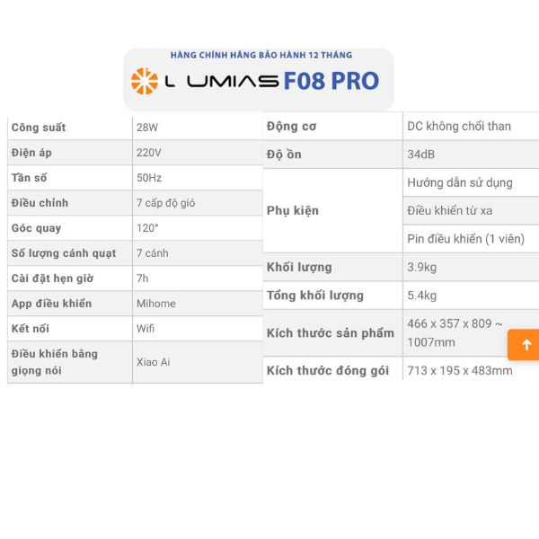 Quạt đứng Lumias màu trắng F08 Pro+, 7 cấp độ gió, 28W, kết nối wifi, có remote - Bảo Hành 24 tháng