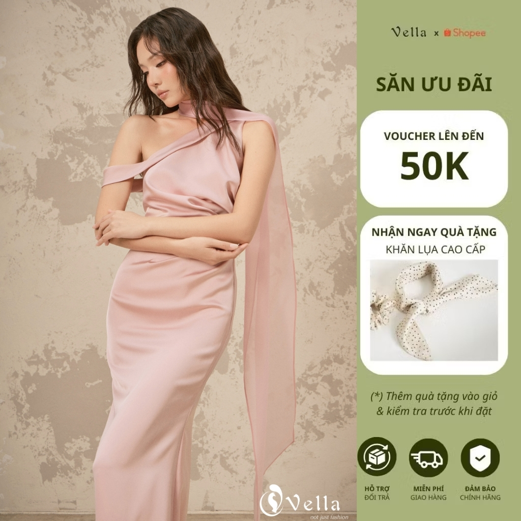 Đầm dự tiệc, sự kiện sang trọng lệch vai màu kem phối khăn choàng voan Vella VD25073