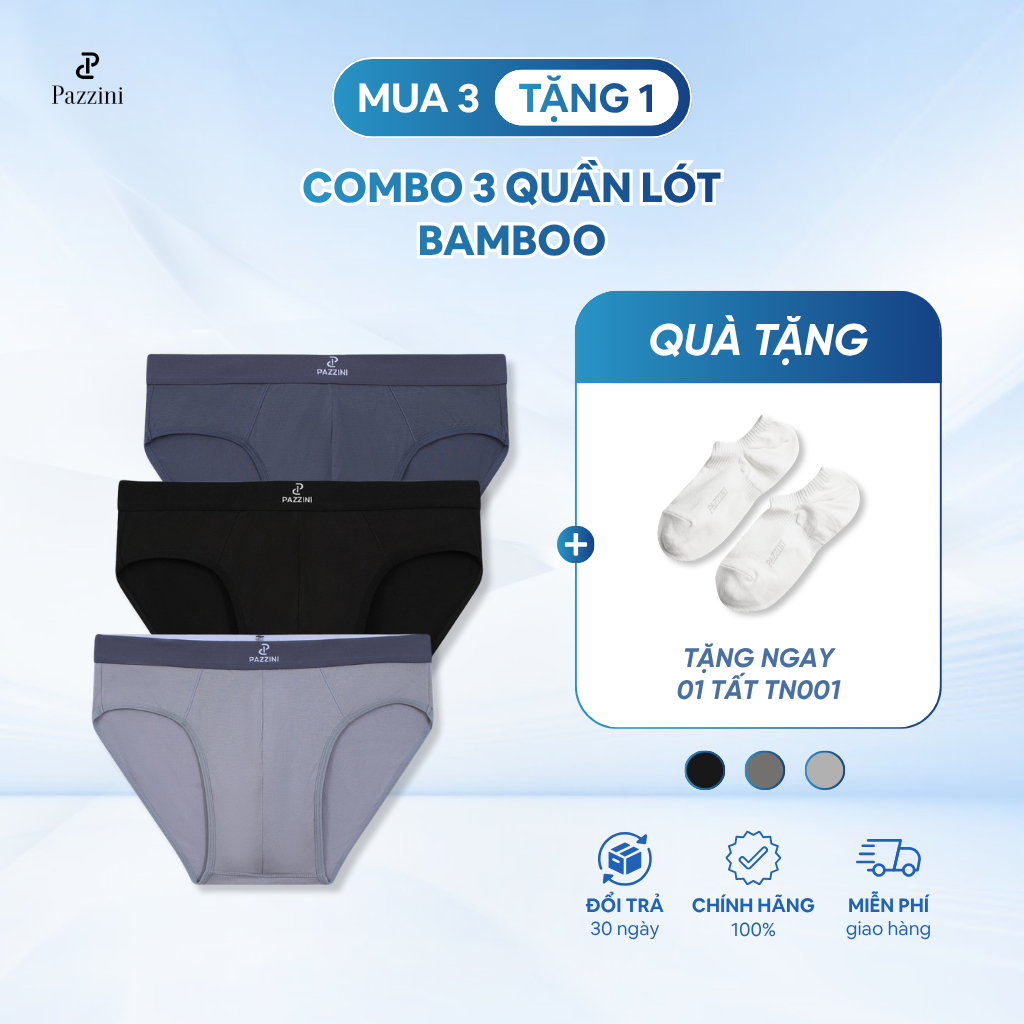 Combo 3 quần lót nam tam giác PAZZINI bamboo kháng khuẩn, quần sịp nam co giãn 4 chiều, thấm hút tốt - BF008