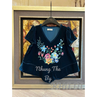 Áo nhung the cổ tim cộc tay thêu hoa lan