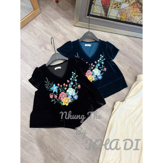 Áo nhung the cổ tim cộc tay thêu hoa lan