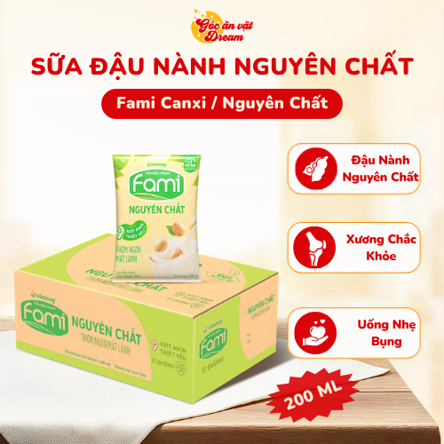 Sữa Đậu Nành Fami Nguyên chất/Can xi 200ml | Sữa Fami thùng 36 hộp | Sữa uống bổ sung canxi, thơm ngon