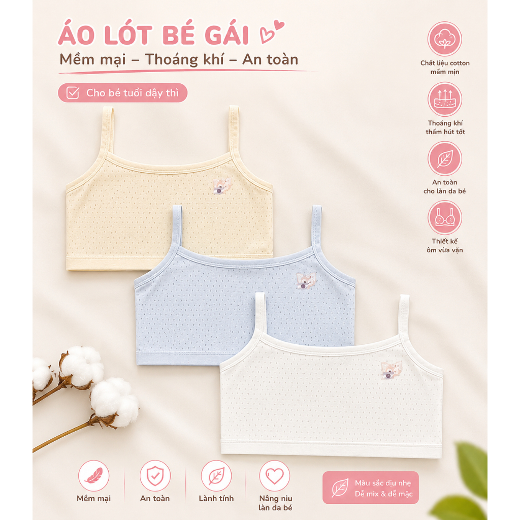 Áo Lá Bé Gái Cotton Thoáng Khí Mềm Mại Cho Bé Tuổi Dậy Thì M L XL