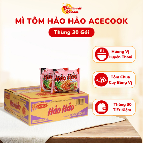 Mì Tôm Hảo Hảo Chua Cay Acecook, Mì Gói Ăn Liền Thơm ngon, Tiện lợi, Thùng 30 Gói