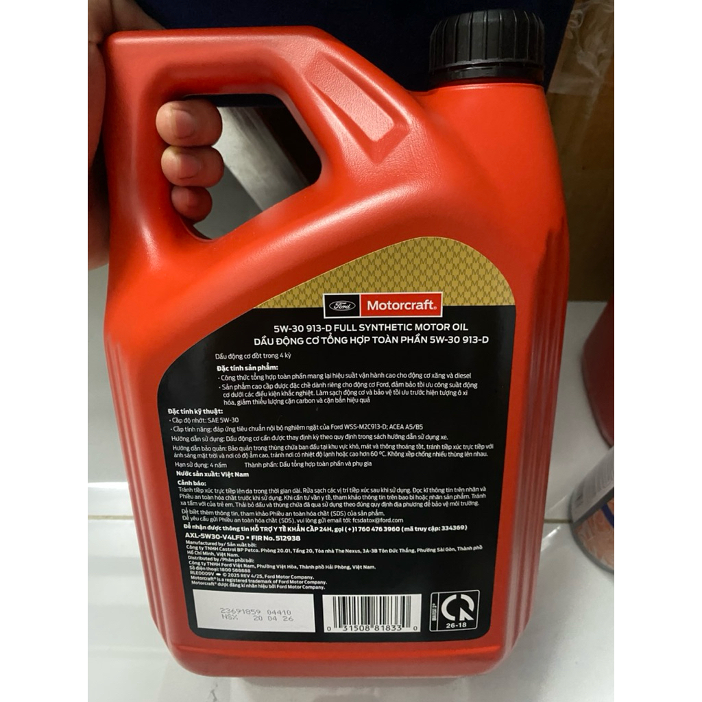 [MUA 2 nhớt TẶNG 1 súc rửa động cơ] Nhớt Ford Motorcraft 5W-30 Full Synthetic (4L) - Tặng 1 Chai Súc Động Cơ Cyclo Mỹ