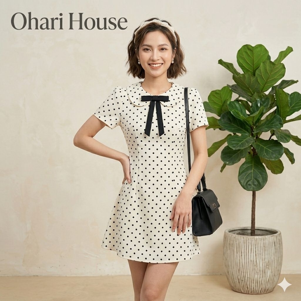 Váy chấm bi OHARI House Váy cổ sen đính nơ họa tiết chiết eo nhẹ nhàng dáng xòe phong cách tiểu thư