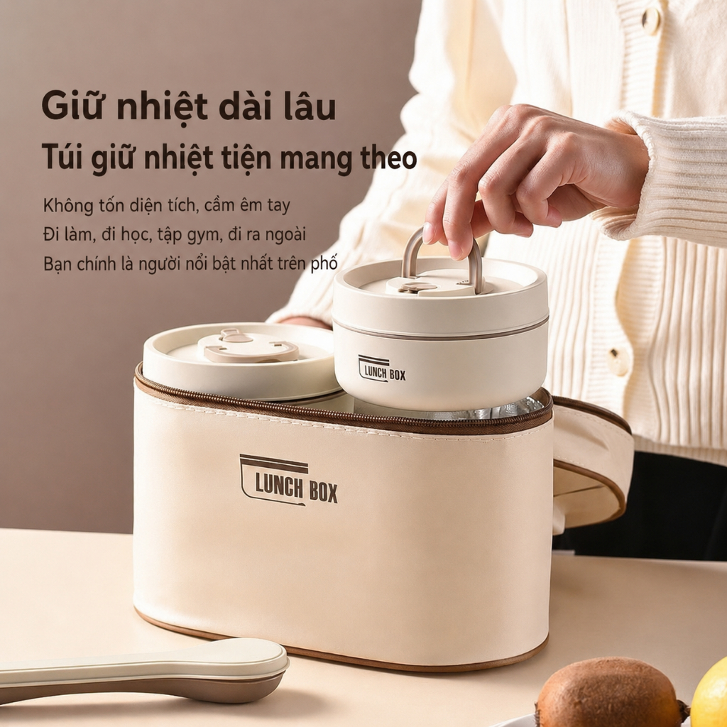 “Hộp Cơm Giữ Nhiệt Nhiều Tầng Kèm Túi Xách – Ruột Inox Dễ Vệ Sinh, Tiện Lợi Đi Học/Đi Làm/Dã Ngoại