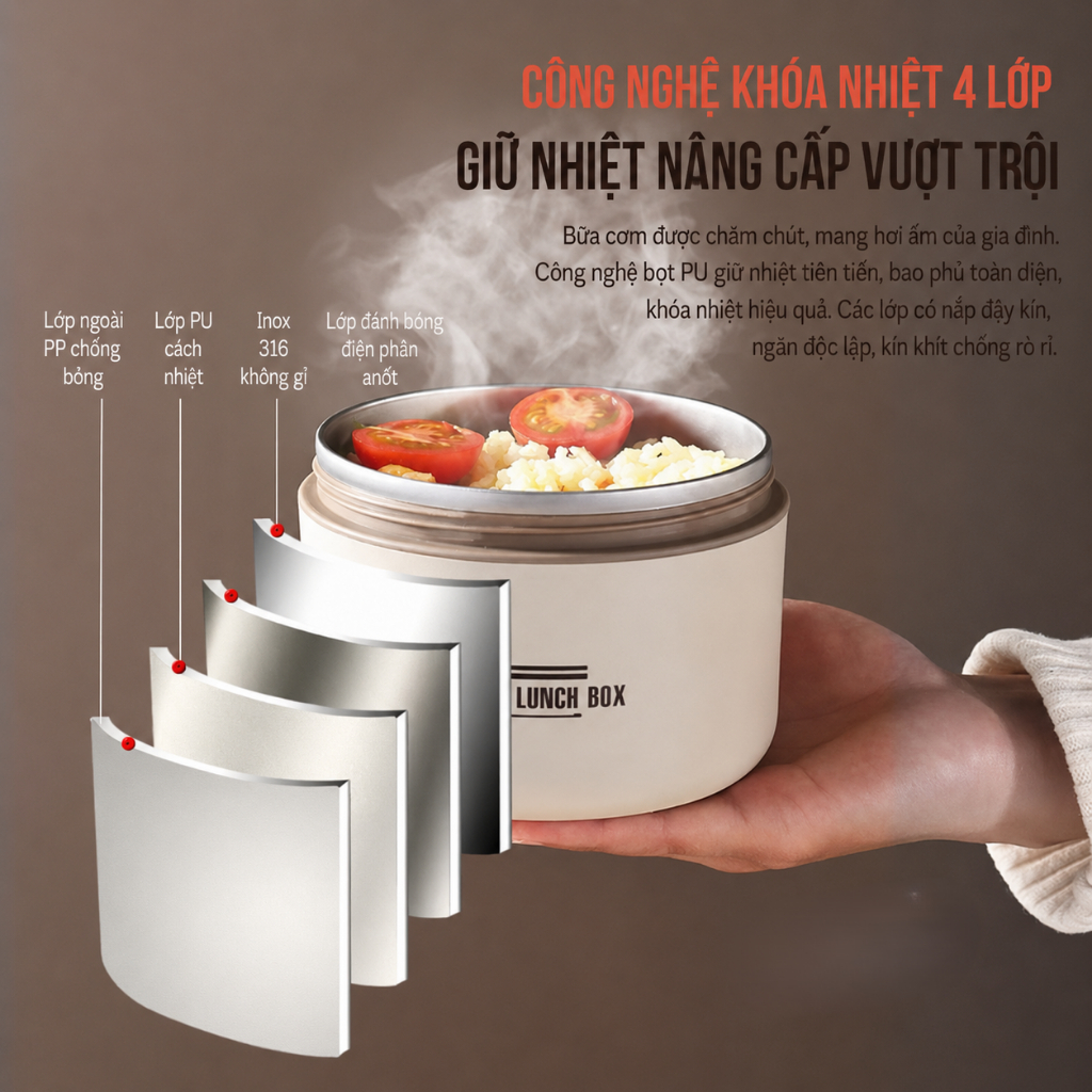 “Hộp Cơm Giữ Nhiệt Nhiều Tầng Kèm Túi Xách – Ruột Inox Dễ Vệ Sinh, Tiện Lợi Đi Học/Đi Làm/Dã Ngoại