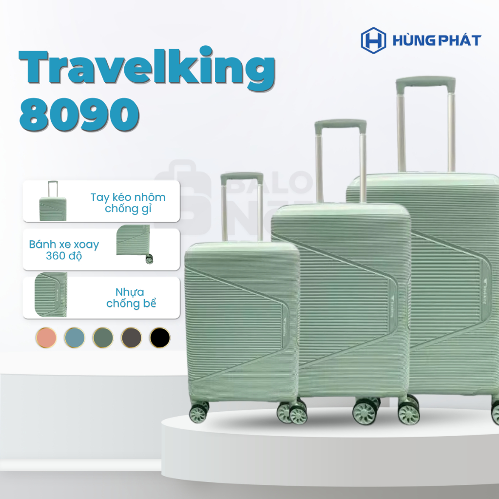 Vali Du Lịch Chính Hãng Hùng Phát Travelking 8090 Nhựa PP Dẻo Chống Bể Vỡ Bảo Hành Phụ Kiện 10 năm