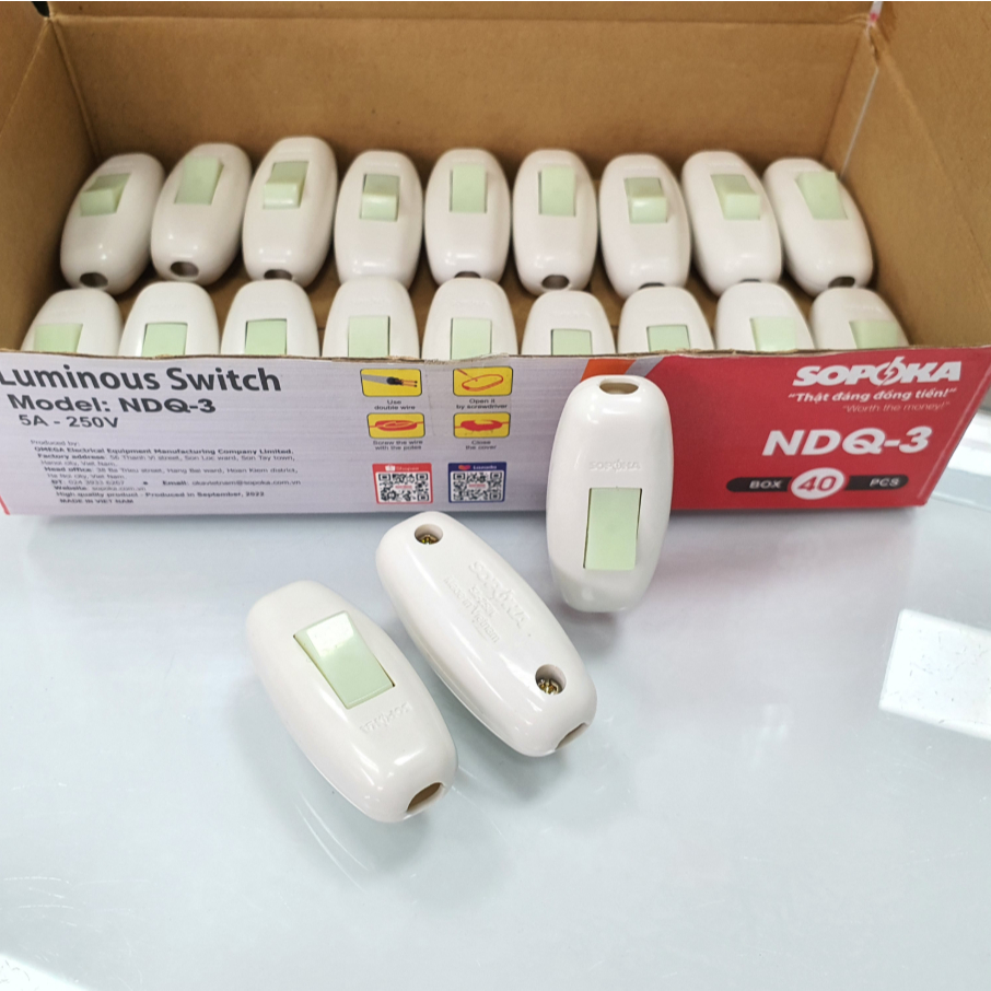 Công tắc quả nhót, công tắc dây đèn SOPOKA NDQ-3 5A 250V dạ quang phản quang