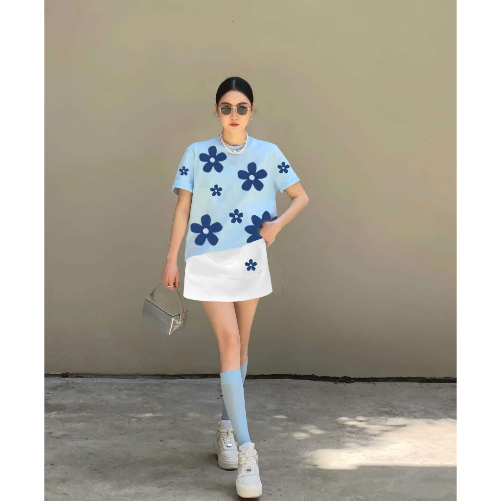 Bộ thun Nữ PONG, Áo thun Over size, Cổ Tròn, Phối Chân Váy nỉ Ngắn, In Hoa, Chất Cotton CP_x8653
