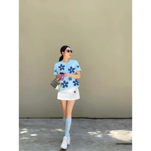 Bộ thun Nữ PONG, Áo thun Over size, Cổ Tròn, Phối Chân Váy nỉ Ngắn, In Hoa, Chất Cotton CP_x8653